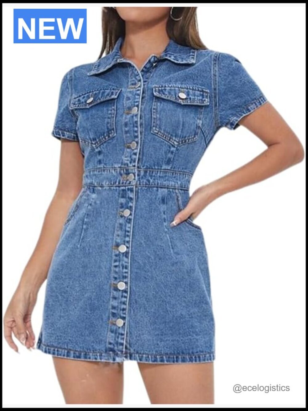 Denim Dress Short Sleeve Button Down Babydoll Jean Dress Casual A-Line